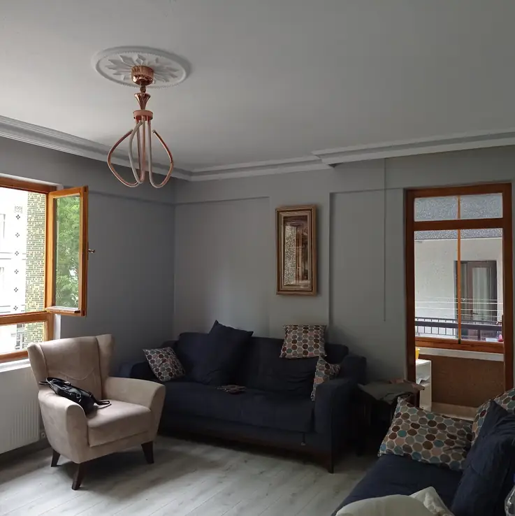 Gri boyalı duvarlı, koltuk takımlı salon